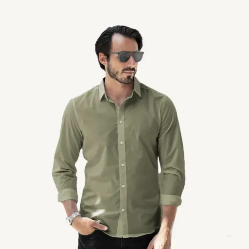 Green Spread Collar Cotton Slim Fit Shirt